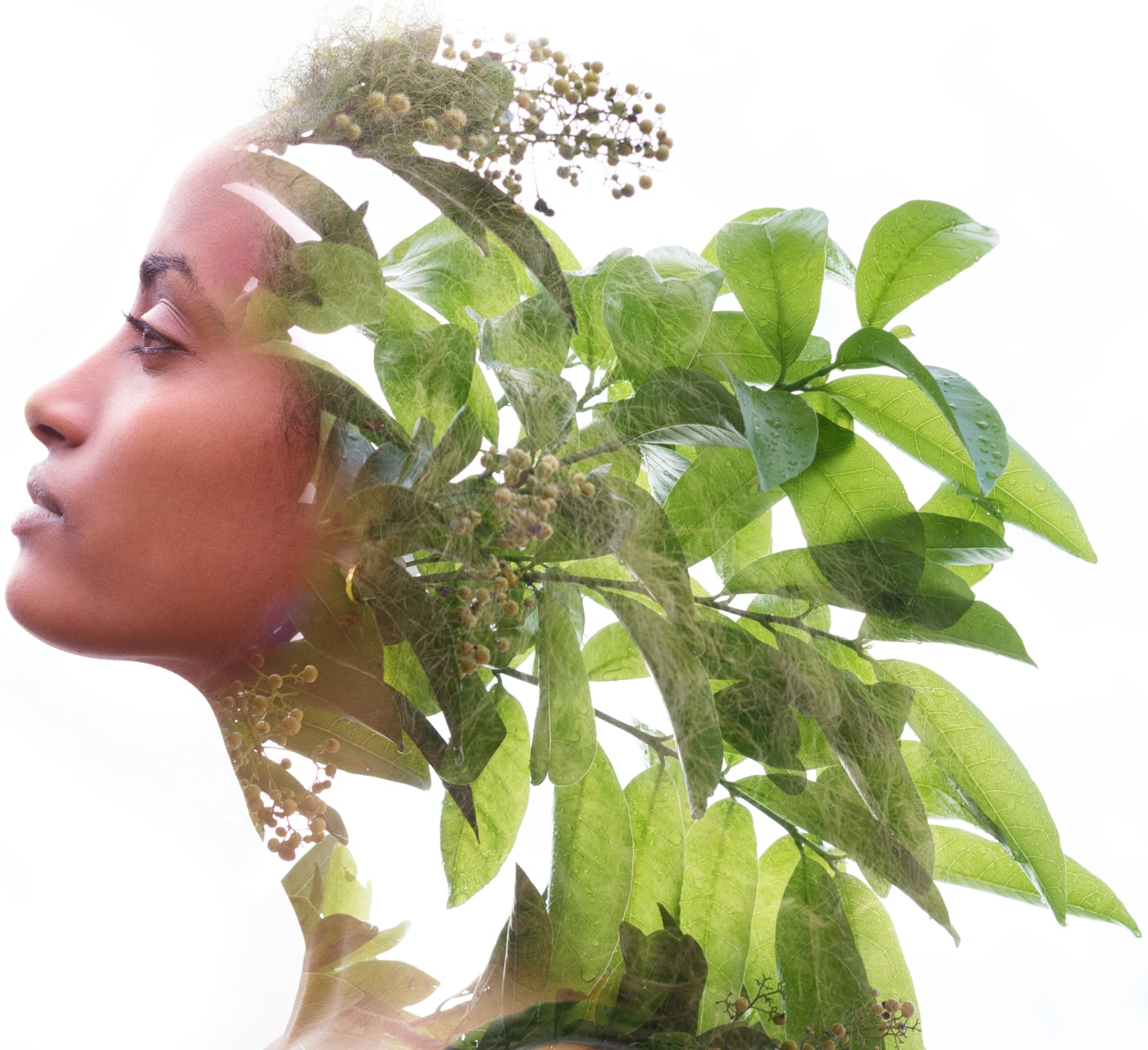 woman double exposure with natural plant