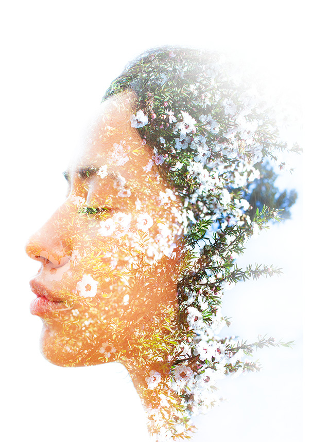 The side profile of a woman with several branches of flowers overlaid on her silhouette