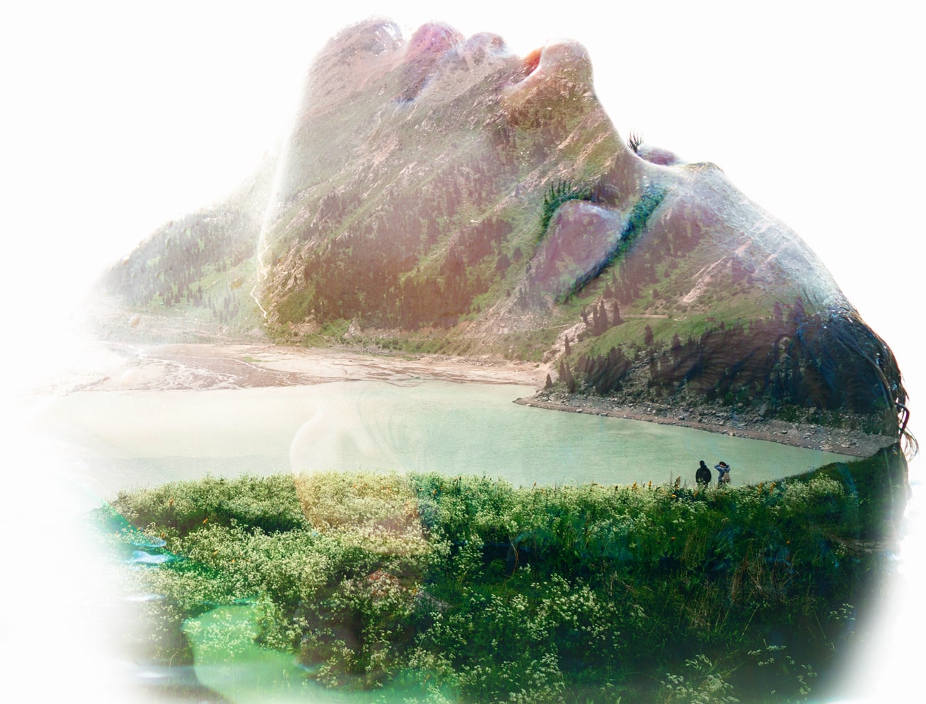 A side profile of a woman's face, who is lying down, on which the image of a valley landscape is overlaid