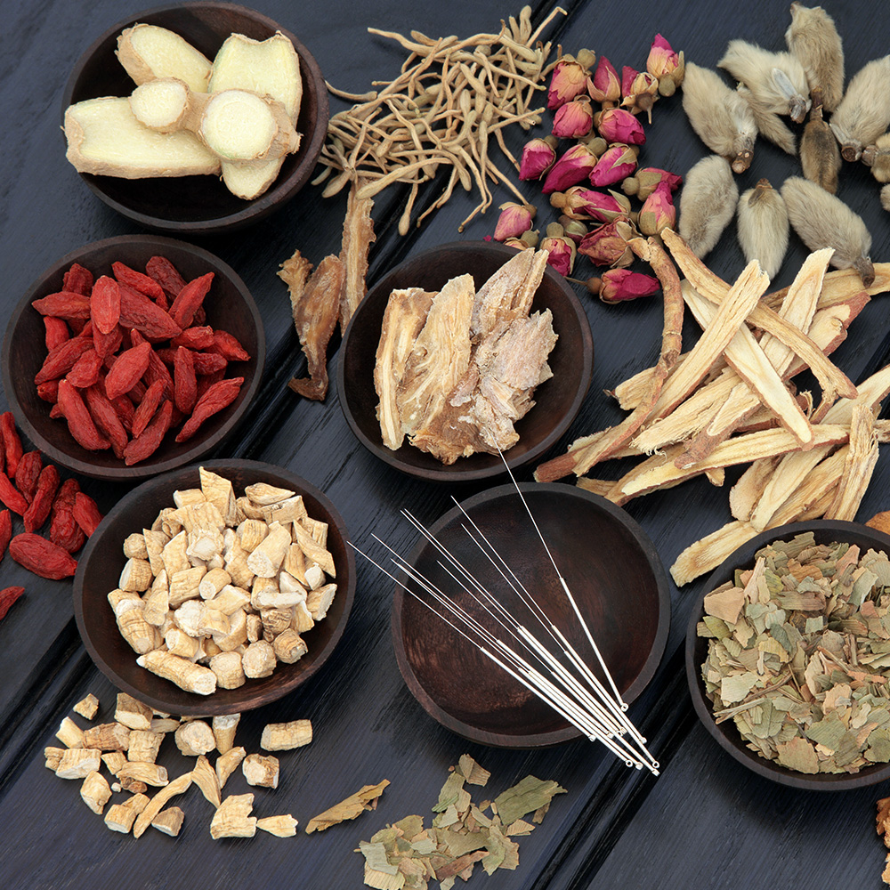 A variety of herbs and roots placed in bowls alongside acupuncture needles