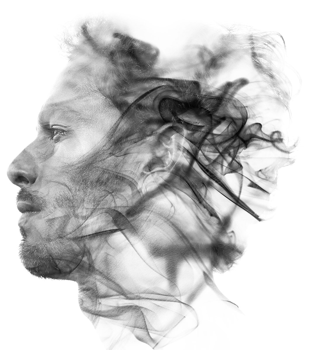 double exposure of a man feeling peaceful after auricular acupuncture